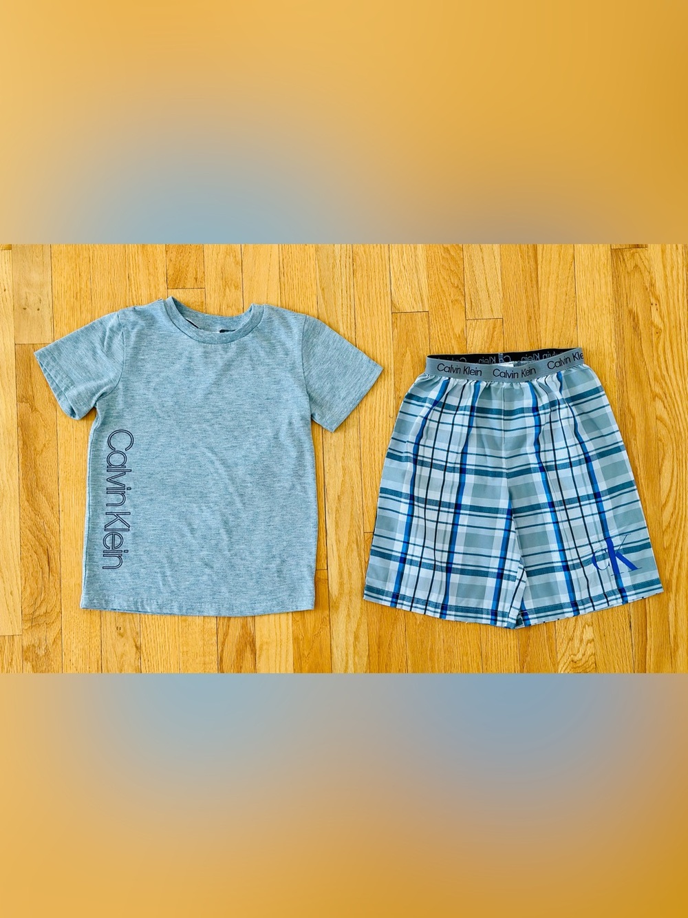 Calvin Klein Boys Pajama Set - Gray Tee with Blue & Gray Plaid Shorts Size 6 / 6